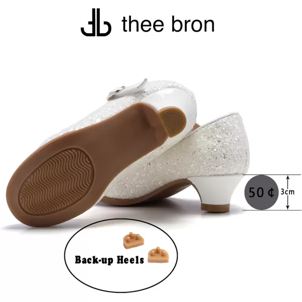 THEE BRON Girls Dress Shoes Glitter Mary Jane Heels Princess Wedding Party Pumps901white