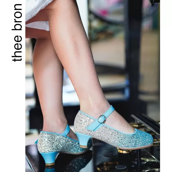 THEE BRON Girls Dress Shoes Glitter Mary Jane Heels Princess Wedding Party Pumps908blue