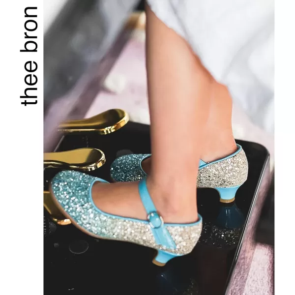 THEE BRON Girls Dress Shoes Glitter Mary Jane Heels Princess Wedding Party Pumps908blue