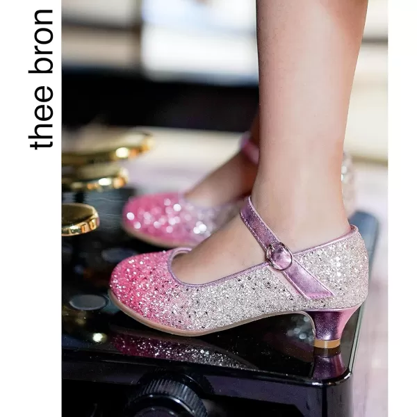 THEE BRON Girls Dress Shoes Glitter Mary Jane Heels Princess Wedding Party Pumps908pink