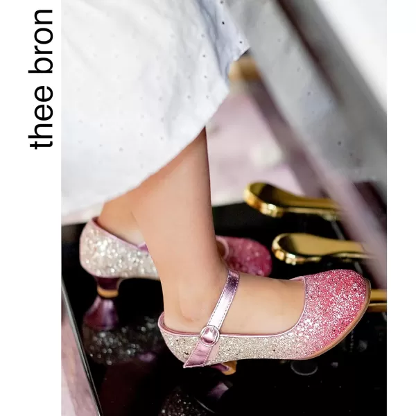 THEE BRON Girls Dress Shoes Glitter Mary Jane Heels Princess Wedding Party Pumps908pink