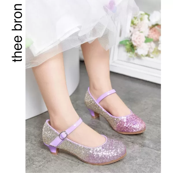 THEE BRON Girls Dress Shoes Glitter Mary Jane Heels Princess Wedding Party Pumps908purple