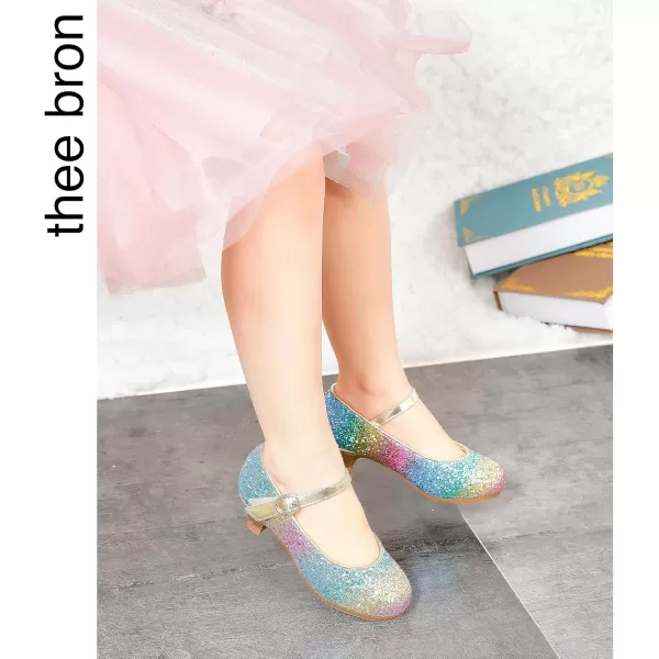 THEE BRON Girls Dress Shoes Glitter Mary Jane Heels Princess Wedding Party Pumps908rainbow