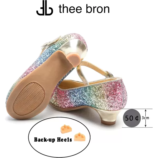 THEE BRON Girls Dress Shoes Glitter Mary Jane Heels Princess Wedding Party Pumps908rainbow