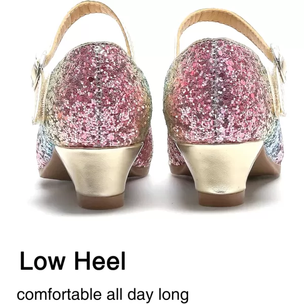 THEE BRON Girls Dress Shoes Glitter Mary Jane Heels Princess Wedding Party Pumps908rainbow