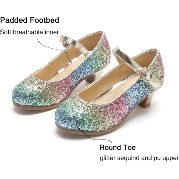 THEE BRON Girls Dress Shoes Glitter Mary Jane Heels Princess Wedding Party Pumps908rainbow