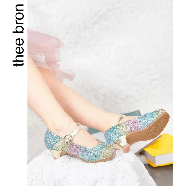 THEE BRON Girls Dress Shoes Glitter Mary Jane Heels Princess Wedding Party Pumps908rainbow