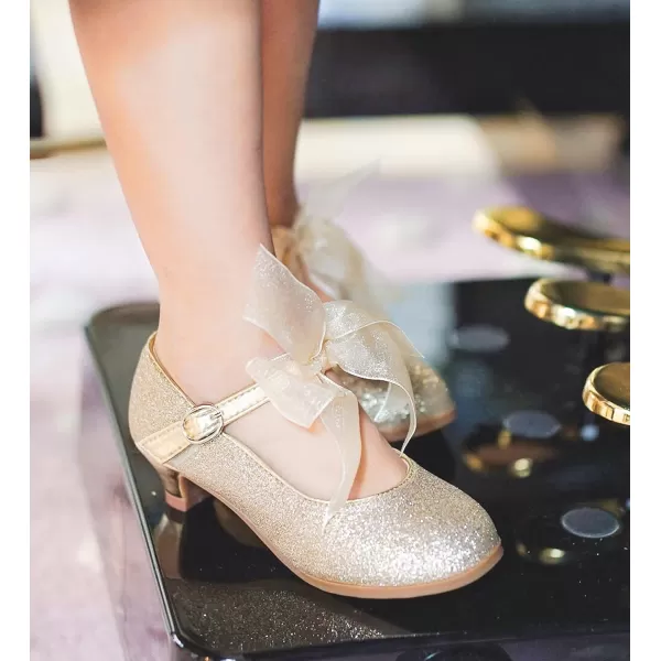 THEE BRON Girls Dress Shoes Glitter Mary Jane Heels Princess Wedding Party Pumps909gold