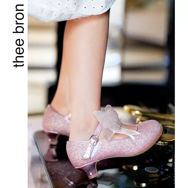 THEE BRON Girls Dress Shoes Glitter Mary Jane Heels Princess Wedding Party Pumps909pink