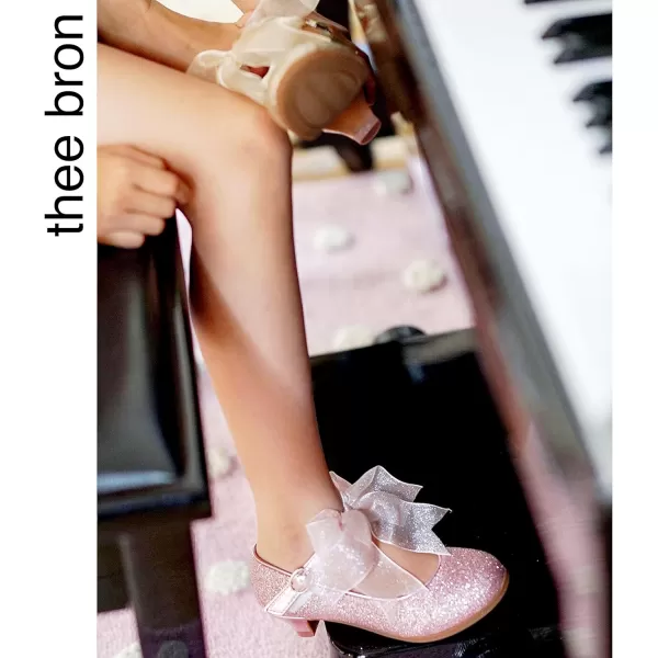 THEE BRON Girls Dress Shoes Glitter Mary Jane Heels Princess Wedding Party Pumps909pink
