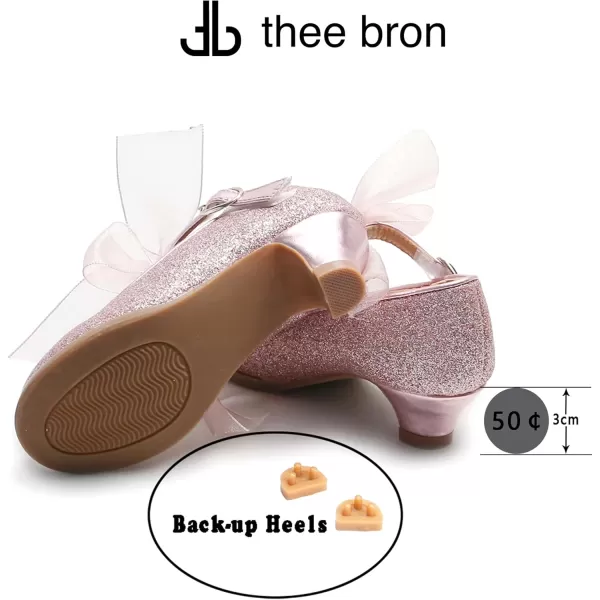 THEE BRON Girls Dress Shoes Glitter Mary Jane Heels Princess Wedding Party Pumps909pink