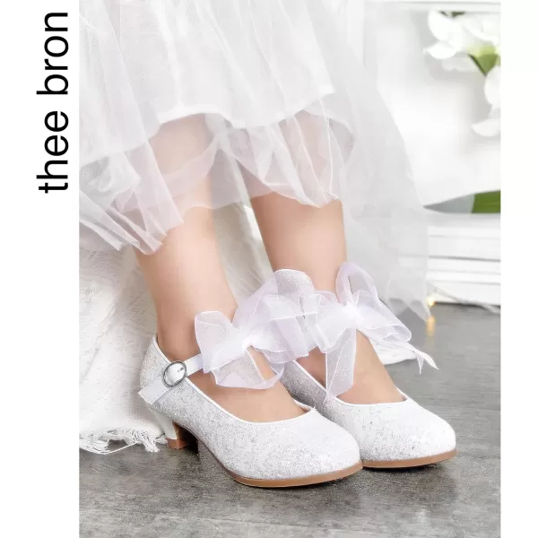 THEE BRON Girls Dress Shoes Glitter Mary Jane Heels Princess Wedding Party Pumps909white