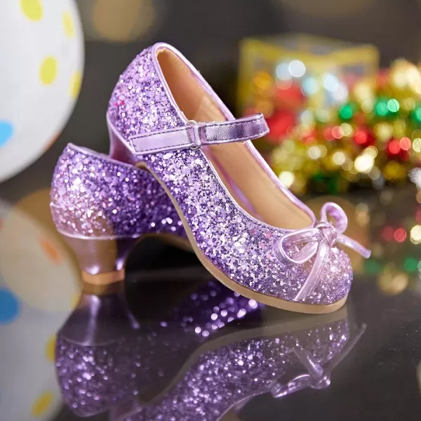 THEE BRON Girls Dress Shoes Glitter Mary Jane Heels Princess Wedding Party Pumps910purple