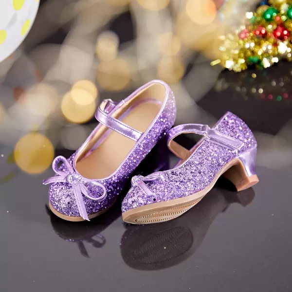 THEE BRON Girls Dress Shoes Glitter Mary Jane Heels Princess Wedding Party Pumps910purple