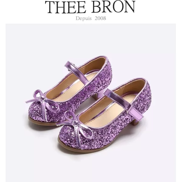 THEE BRON Girls Dress Shoes Glitter Mary Jane Heels Princess Wedding Party Pumps910purple