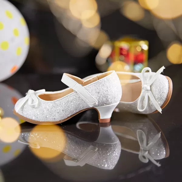 THEE BRON Girls Dress Shoes Glitter Mary Jane Heels Princess Wedding Party Pumps910white