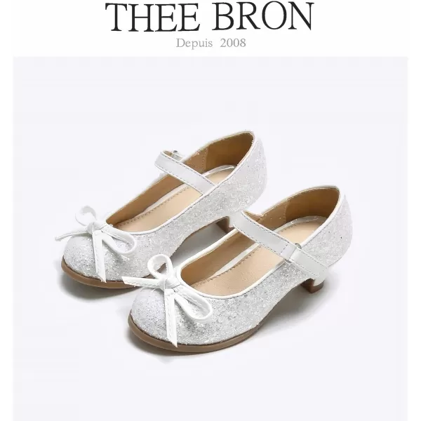 THEE BRON Girls Dress Shoes Glitter Mary Jane Heels Princess Wedding Party Pumps910white