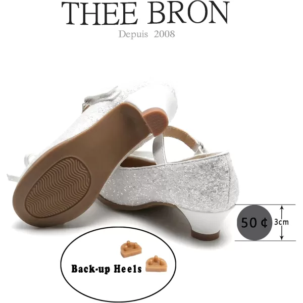 THEE BRON Girls Dress Shoes Glitter Mary Jane Heels Princess Wedding Party Pumps910white