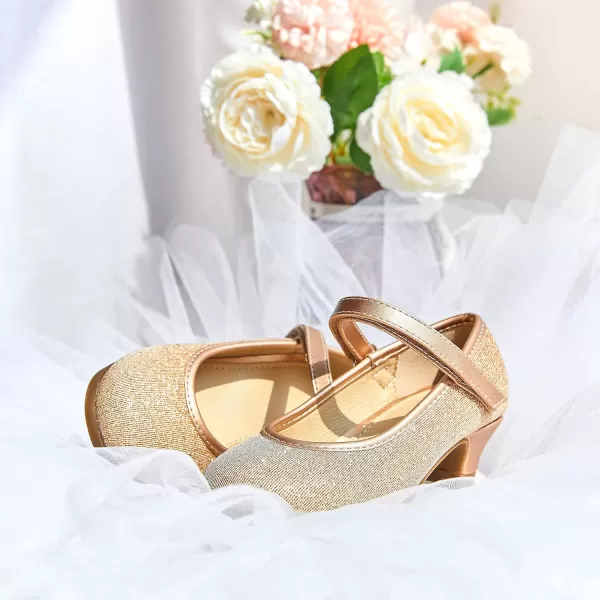 THEE BRON Girls Dress Shoes Glitter Mary Jane Heels Princess Wedding Party Pumps913gold