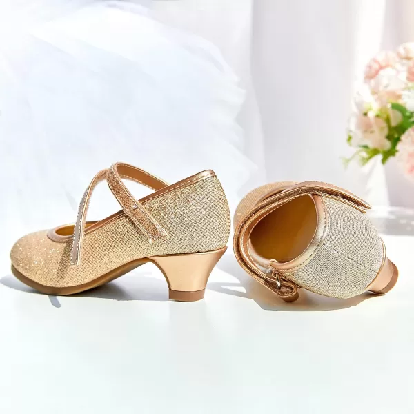 THEE BRON Girls Dress Shoes Glitter Mary Jane Heels Princess Wedding Party Pumps913gold