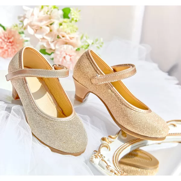THEE BRON Girls Dress Shoes Glitter Mary Jane Heels Princess Wedding Party Pumps913gold