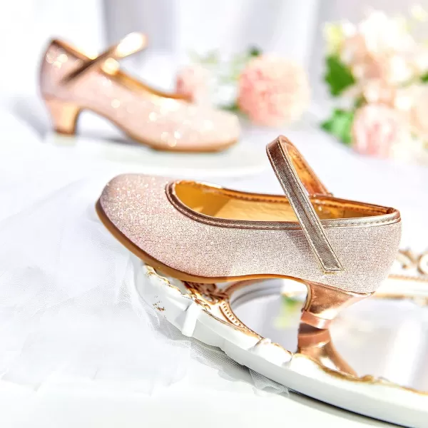 THEE BRON Girls Dress Shoes Glitter Mary Jane Heels Princess Wedding Party Pumps913pink