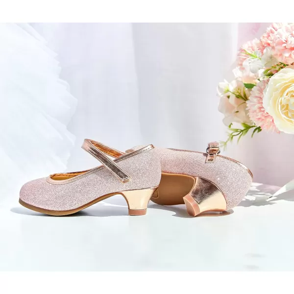 THEE BRON Girls Dress Shoes Glitter Mary Jane Heels Princess Wedding Party Pumps913pink
