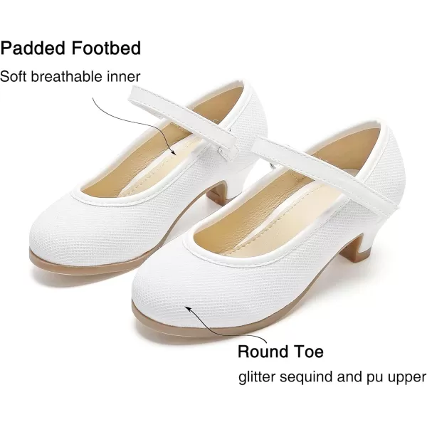 THEE BRON Girls Dress Shoes Glitter Mary Jane Heels Princess Wedding Party Pumps913white