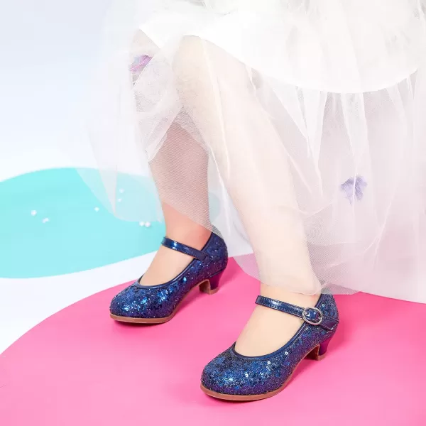 THEE BRON Girls Dress Shoes Glitter Mary Jane Heels Princess Wedding Party Pumps917blue