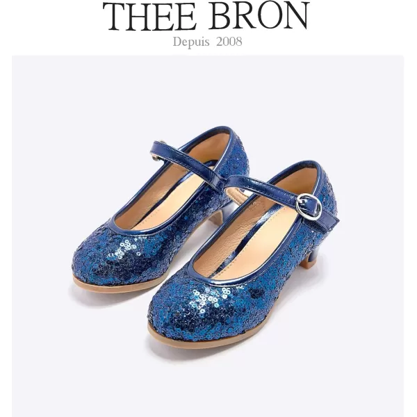 THEE BRON Girls Dress Shoes Glitter Mary Jane Heels Princess Wedding Party Pumps917blue