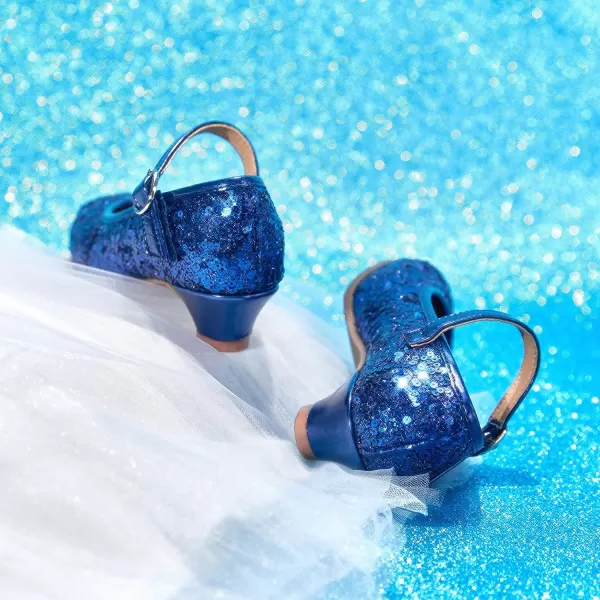 THEE BRON Girls Dress Shoes Glitter Mary Jane Heels Princess Wedding Party Pumps917blue