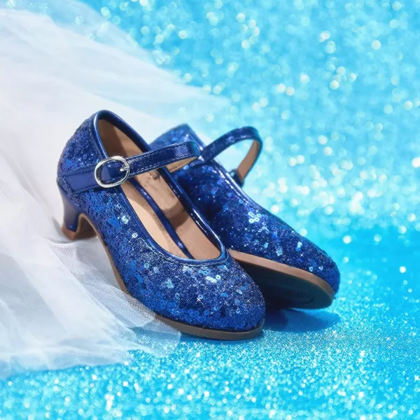 THEE BRON Girls Dress Shoes Glitter Mary Jane Heels Princess Wedding Party Pumps917blue