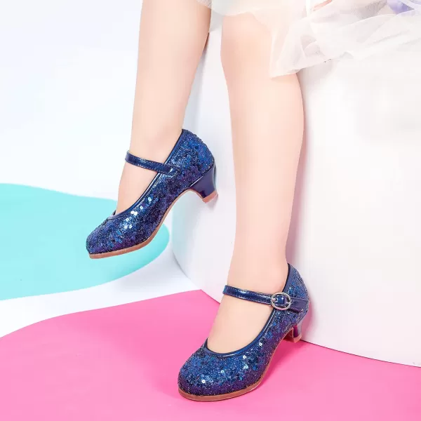 THEE BRON Girls Dress Shoes Glitter Mary Jane Heels Princess Wedding Party Pumps917blue