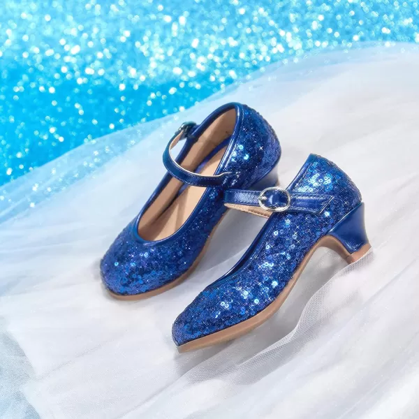 THEE BRON Girls Dress Shoes Glitter Mary Jane Heels Princess Wedding Party Pumps917blue