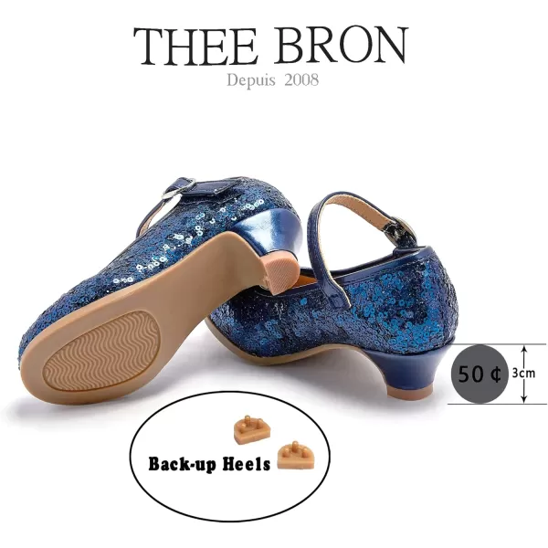 THEE BRON Girls Dress Shoes Glitter Mary Jane Heels Princess Wedding Party Pumps917blue