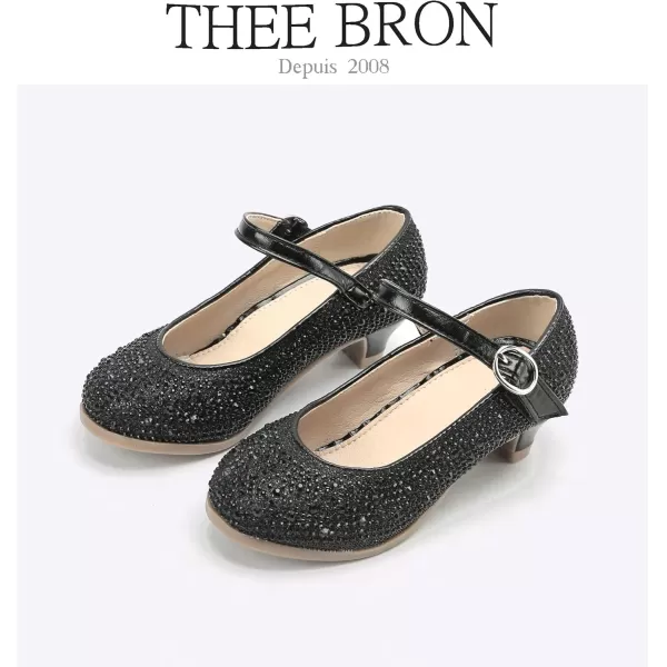 THEE BRON Girls Dress Shoes Glitter Mary Jane Heels Princess Wedding Party Pumps922black
