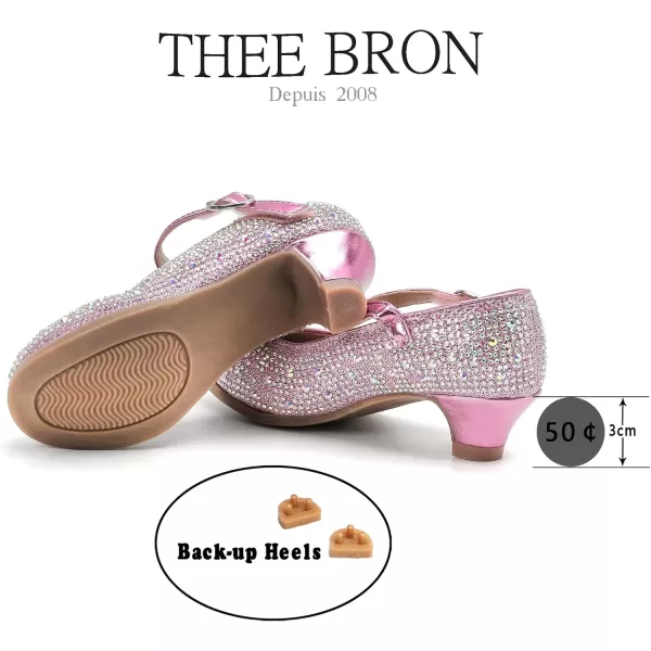 THEE BRON Girls Dress Shoes Glitter Mary Jane Heels Princess Wedding Party Pumps922pink