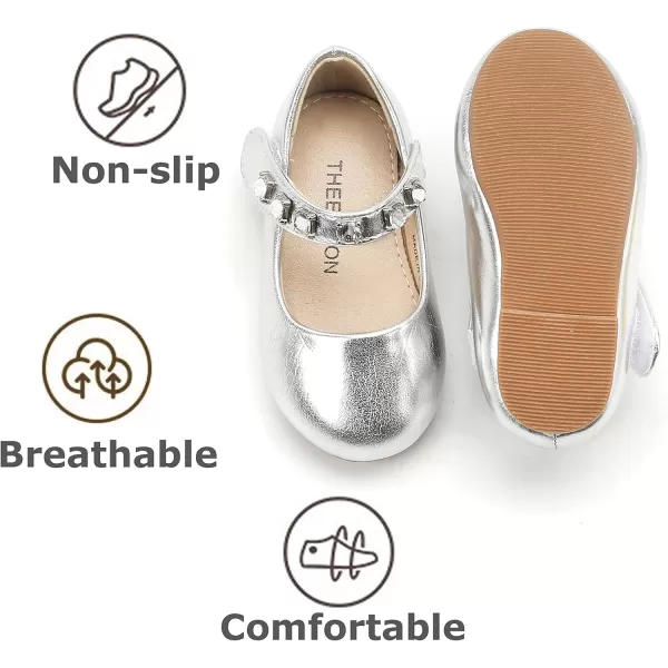 THEE BRON Toddler Girls Shoes Mary Jane Flats for Girls Ballerina Dress ShoesA2132silver