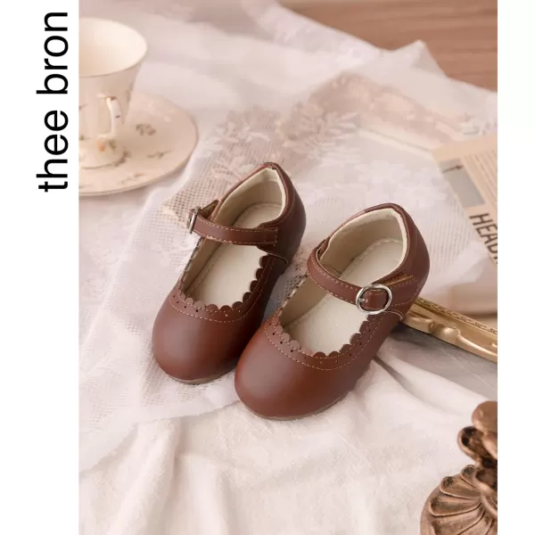 THEE BRON Toddler Little Girl Shoes Flower Mary Jane Flats Zapatos de Vestir de NiasAg211dark Brown
