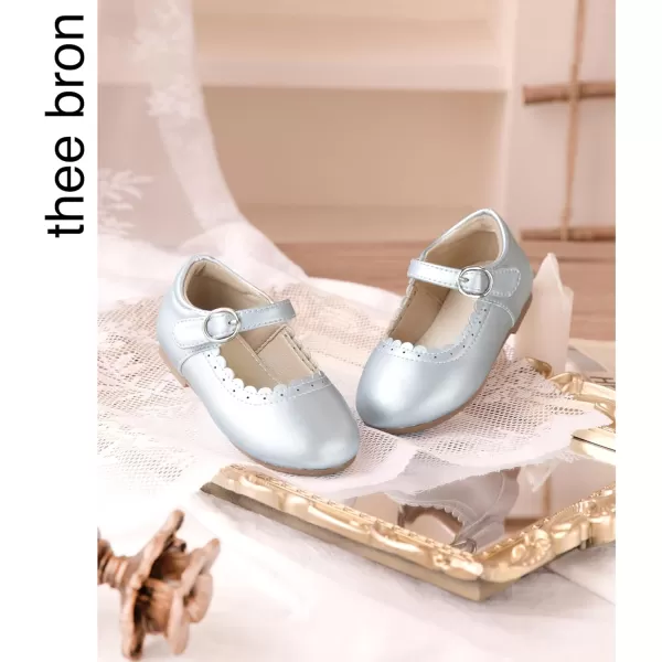THEE BRON Toddler Little Girl Shoes Flower Mary Jane Flats Zapatos de Vestir de NiasAg211silver