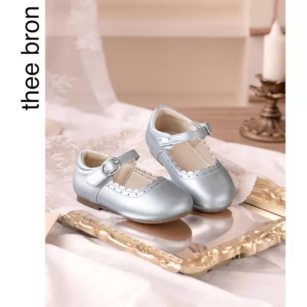 THEE BRON Toddler Little Girl Shoes Flower Mary Jane Flats Zapatos de Vestir de NiasAg211silver