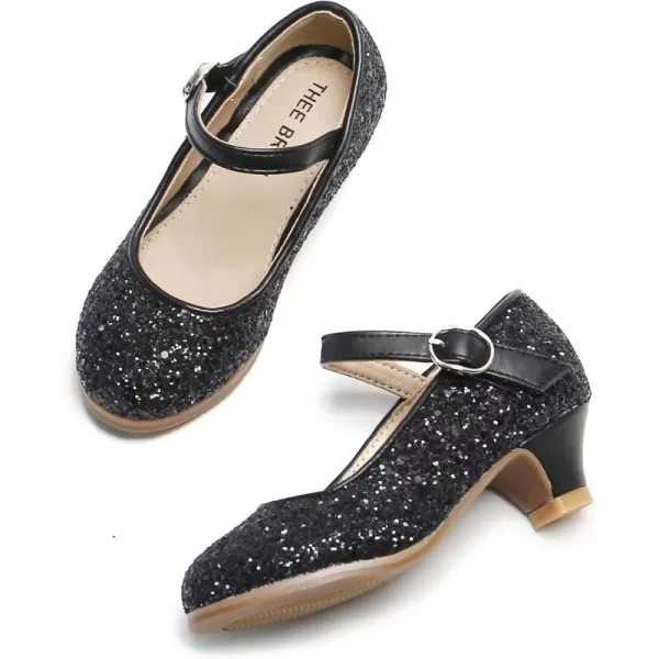 THEE BRON Girls Dress Shoes Glitter Mary Jane Heels Princess Wedding Party Pumps901black
