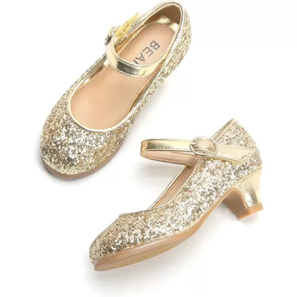 THEE BRON Girls Dress Shoes Glitter Mary Jane Heels Princess Wedding Party Pumps901gold