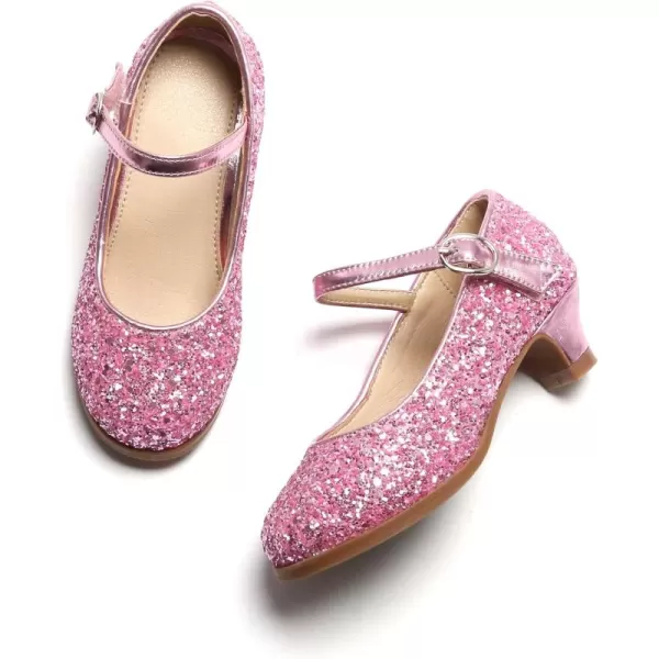 THEE BRON Girls Dress Shoes Glitter Mary Jane Heels Princess Wedding Party Pumps901pink