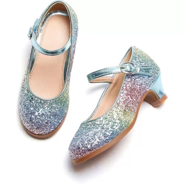 THEE BRON Girls Dress Shoes Glitter Mary Jane Heels Princess Wedding Party Pumps901rainbow