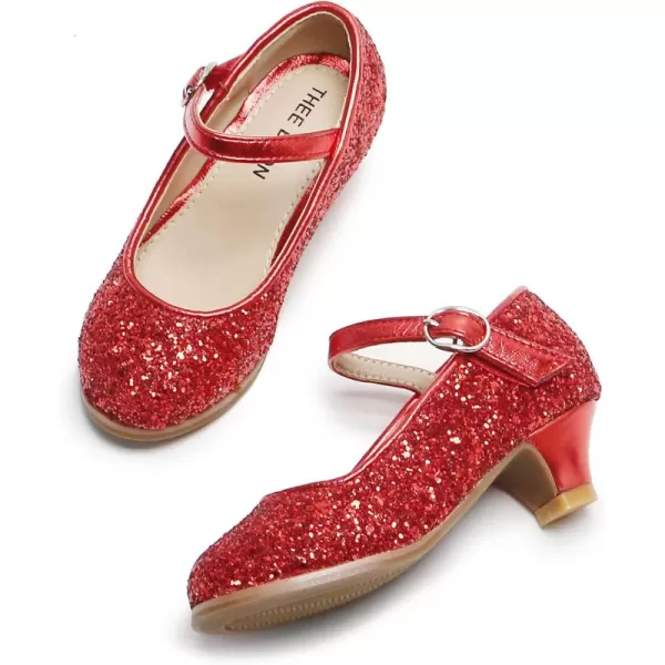 THEE BRON Girls Dress Shoes Glitter Mary Jane Heels Princess Wedding Party Pumps901red