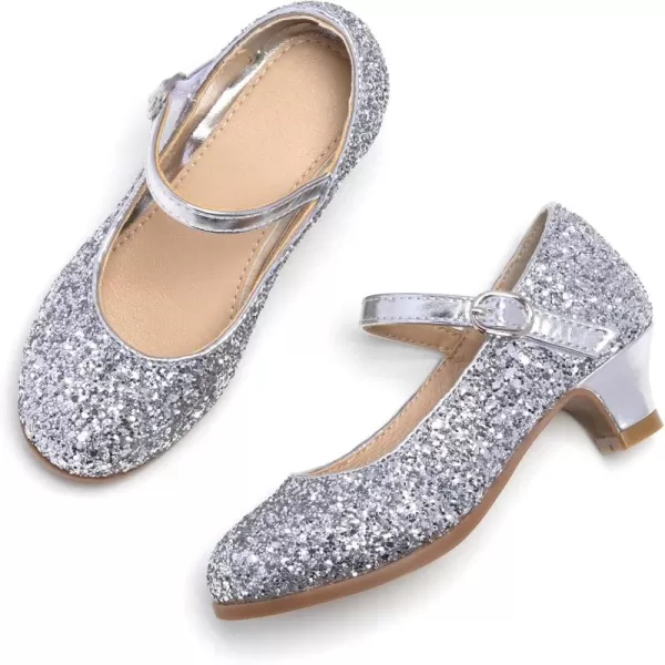 THEE BRON Girls Dress Shoes Glitter Mary Jane Heels Princess Wedding Party Pumps901silver
