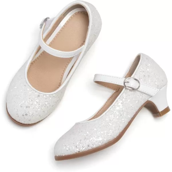THEE BRON Girls Dress Shoes Glitter Mary Jane Heels Princess Wedding Party Pumps901white