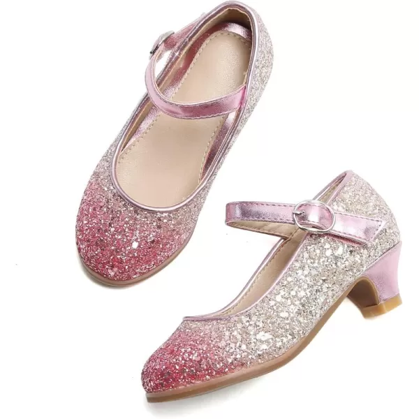 THEE BRON Girls Dress Shoes Glitter Mary Jane Heels Princess Wedding Party Pumps908pink