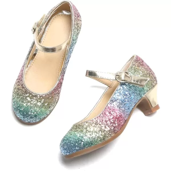 THEE BRON Girls Dress Shoes Glitter Mary Jane Heels Princess Wedding Party Pumps908rainbow